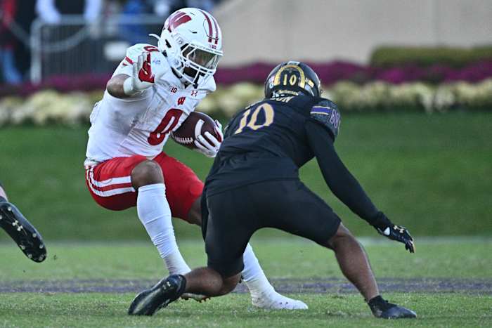 Wisconsin running back Braelon Allen breaking a tackle against Northwestern.